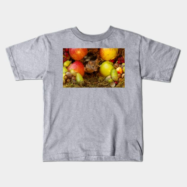 George the mouse in a log pile house - stand back apples super mouse coming through Kids T-Shirt by Simon-dell